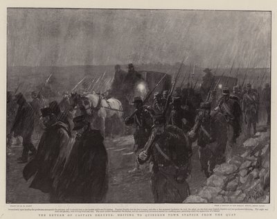 De terugkeer van kapitein Dreyfus, rijdend naar Quiberon Town Station vanaf de kade door Henry Marriott Paget